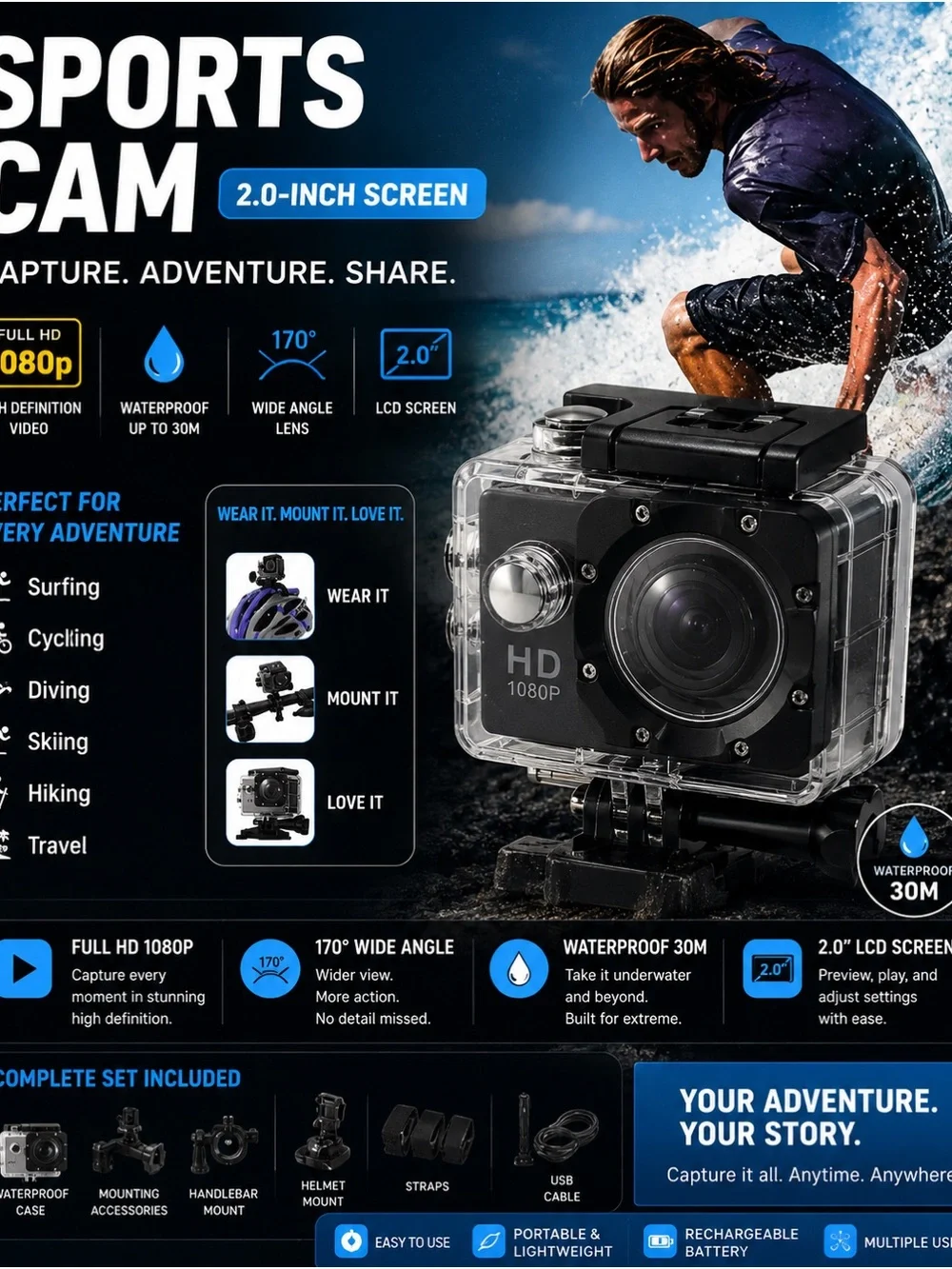 Black HD 1080P Sports Action Camera with Waterproof Case